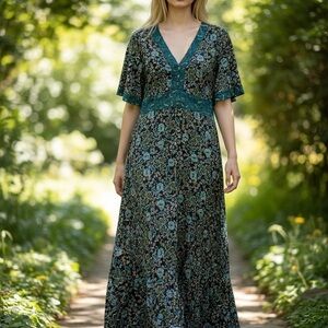 LOFT Teal and Black Floral Maxi Dress. NWT